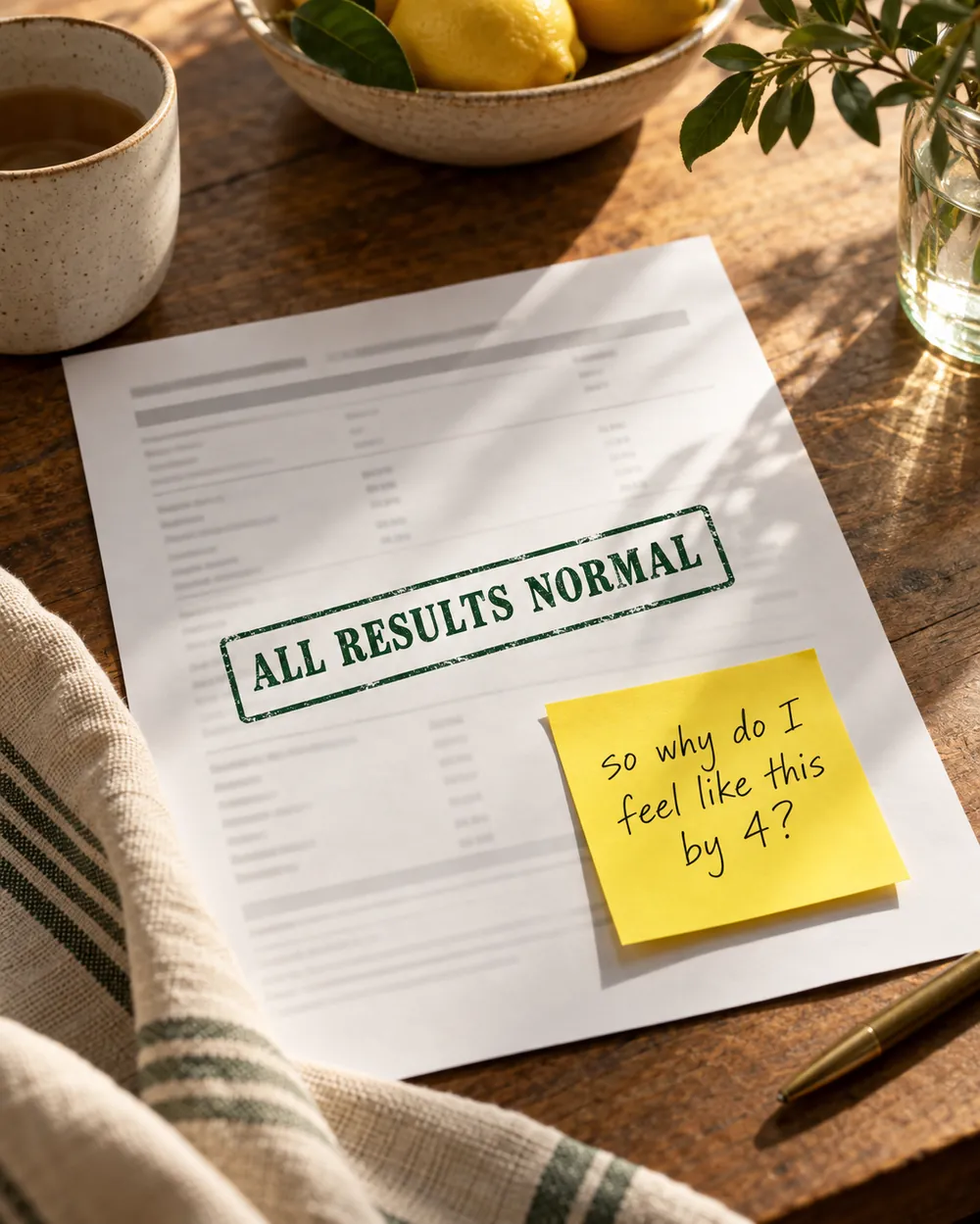 A lab report stamped all results normal with a sticky note asking so why do I feel like this by 4