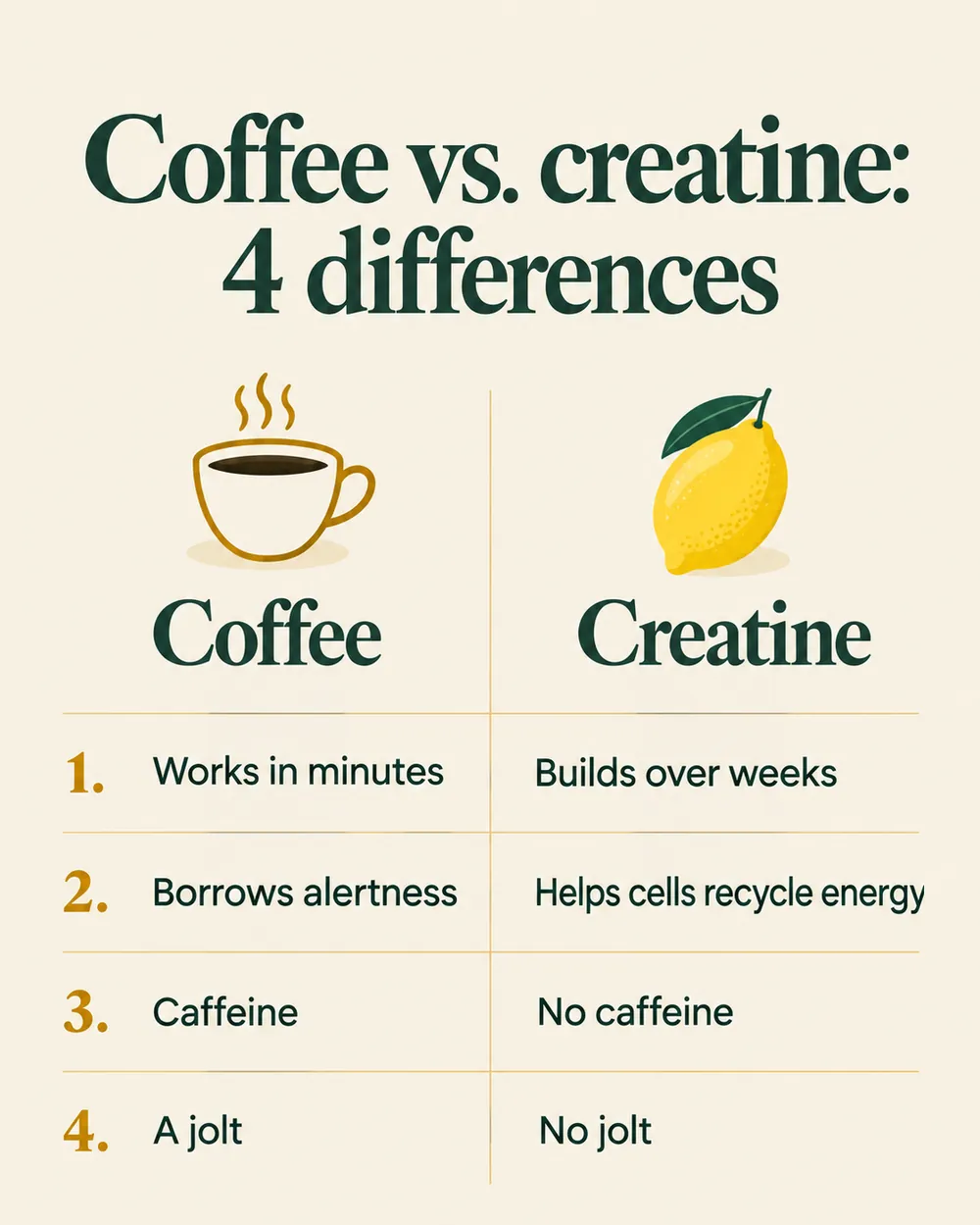 A simple table comparing coffee and creatine: coffee works in minutes, creatine builds over weeks; coffee has caffeine and a jolt, creatine has neither