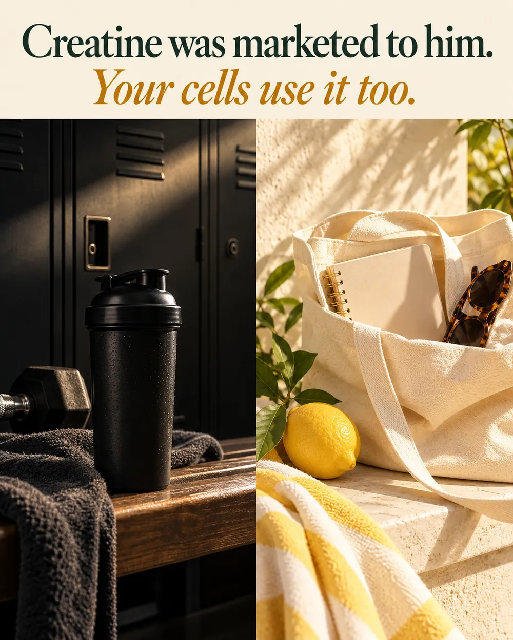 Split picture: a black shaker bottle in a gym locker room, and a canvas tote bag with a notebook and a lemon in the sun