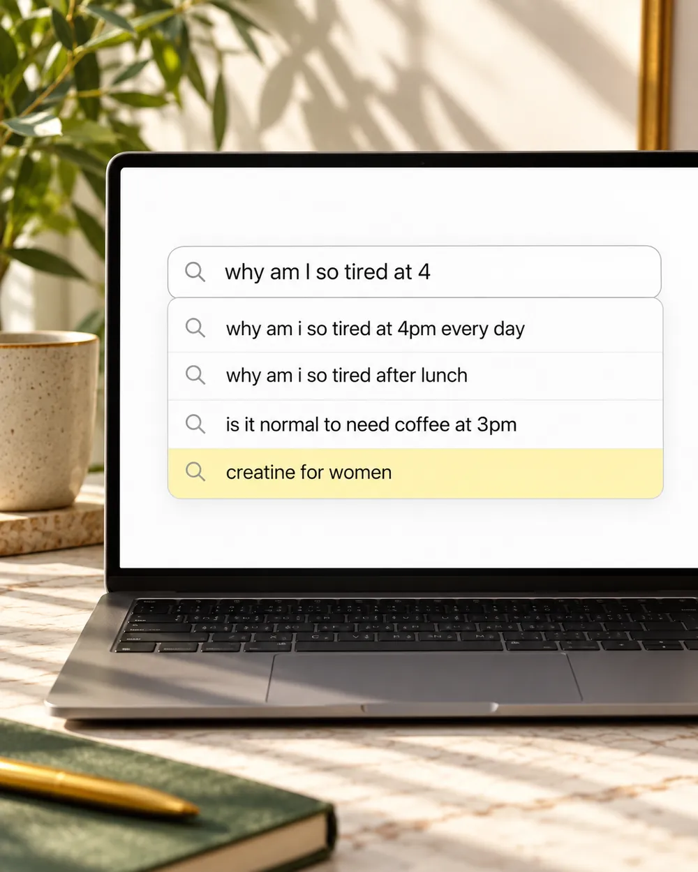 A laptop with a search bar reading why am I so tired at 4, with suggestions about afternoon tiredness